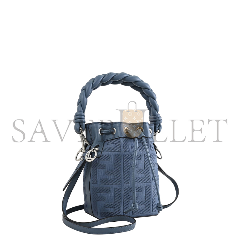 FENDI EMBROIDERED FABRIC AND LEATHER MINI MON TRESOR BUCKET BAG (18*12*10cm) 